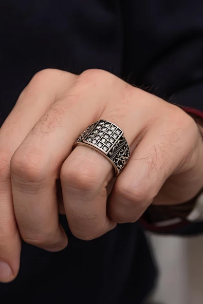 Zirkon Beyaz Sıra Taşlı 925 Gümüş Erkek Yüzük ürün görseli