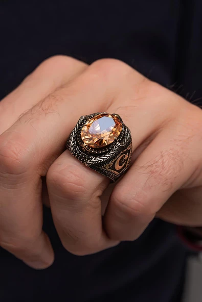 Sitrin Taşlı Ayyıldız Desenli 925 Gümüş Erkek Yüzük - Resim 6