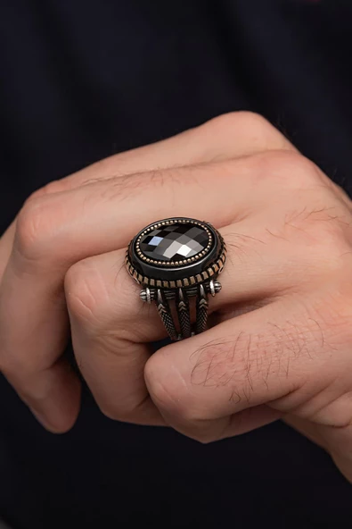 Pençe Motif Siyah Taşlı Taşlı 925 Gümüş Erkek Yüzük - Resim 4