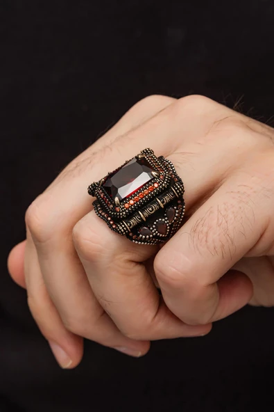 Kare Kırmızı Taşlı 925 Gümüş Erkek Yüzük - Resim 4