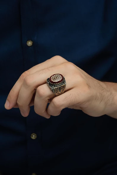 Kırmızı Taşlı Desenli 925 Gümüş Erkek Yüzük - Resim 4