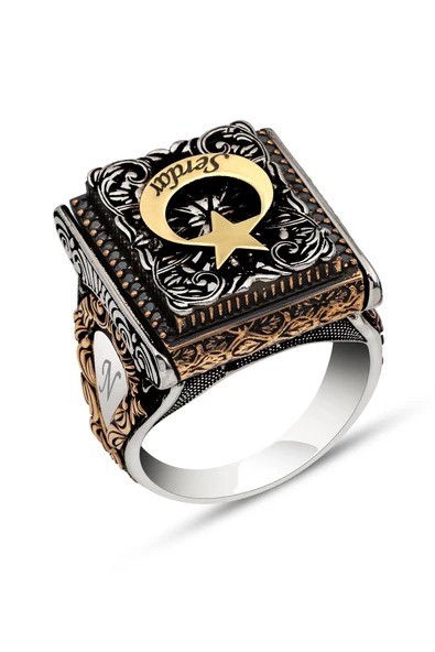 Ayyıldız Desenli İsimli 925 Gümüş Erkek Yüzük - Resim 2