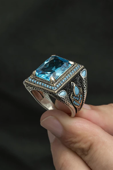 Aqua Mavisi Kare Faset Kesim Taşlı 925 Gümüş Erkek Yüzük - Resim 3