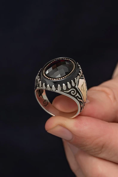 Oval Siyah Taşlı Harfli 925 Gümüş Erkek Yüzük - 6