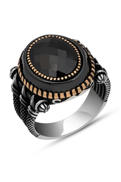 Pençe Motif Siyah Taşlı Taşlı 925 Gümüş Erkek Yüzük - Resim 2