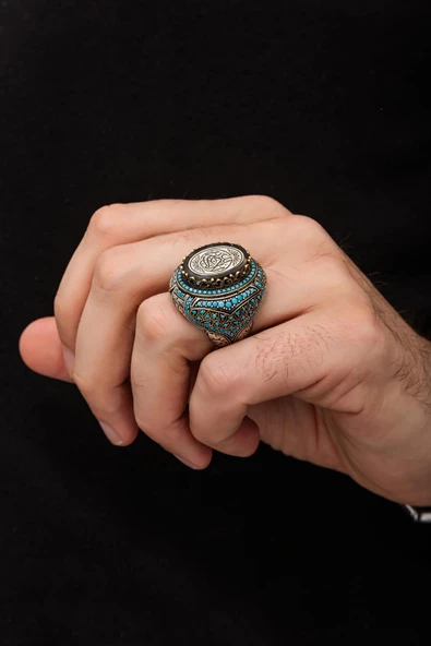 La Galibe İllallah Yazılı Mavi Taşlı 925 Gümüş Erkek Yüzük - Resim 3