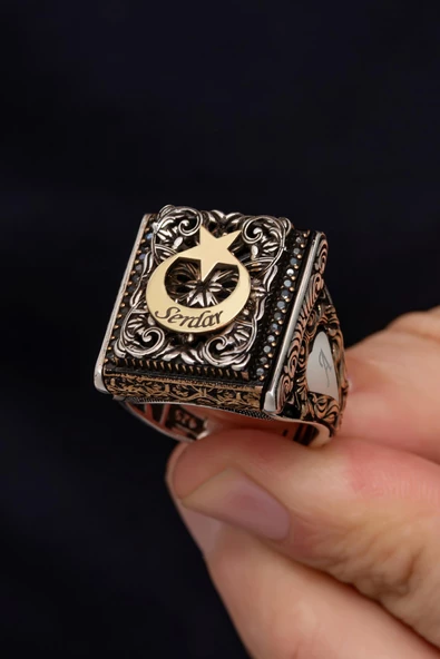 Ayyıldız Desenli İsimli 925 Gümüş Erkek Yüzük - Resim 7