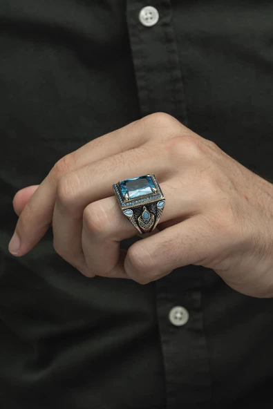 Aqua Mavisi Kare Faset Kesim Taşlı 925 Gümüş Erkek Yüzük - Resim 4