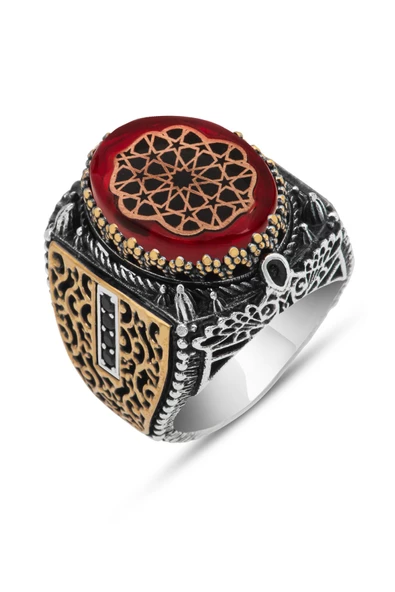 Kırmızı Taşlı Desenli 925 Gümüş Erkek Yüzük - Resim 2