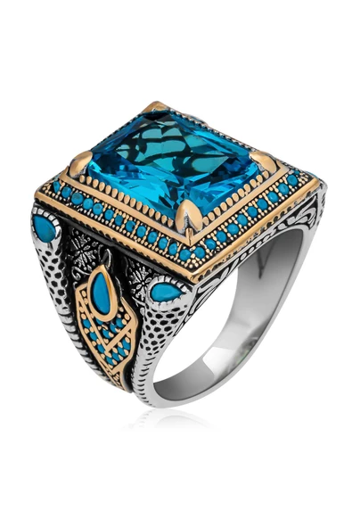 Aqua Mavisi Kare Faset Kesim Taşlı 925 Gümüş Erkek Yüzük - Resim 2