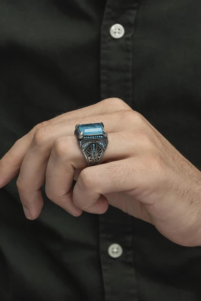 Aqua Mavisi Kare Faset Kesim Taşlı 925 Gümüş Erkek Yüzük - Resim 5