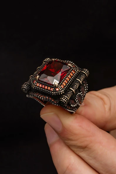 Kare Kırmızı Taşlı 925 Gümüş Erkek Yüzük - Resim 6