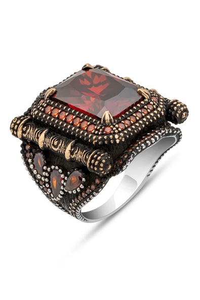 Kare Kırmızı Taşlı 925 Gümüş Erkek Yüzük - Resim 2