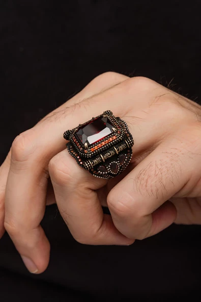 Kare Kırmızı Taşlı 925 Gümüş Erkek Yüzük - Resim 5