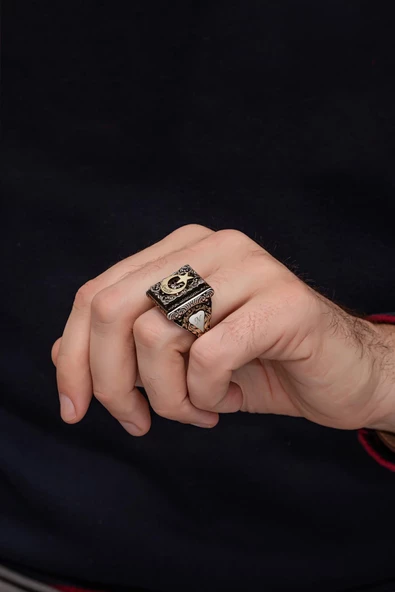 Ayyıldız Desenli İsimli 925 Gümüş Erkek Yüzük - Resim 4