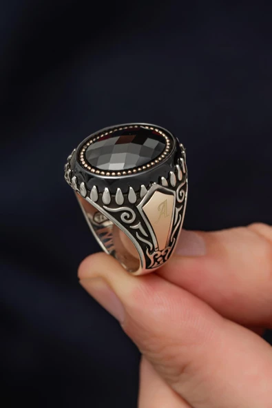 Oval Siyah Taşlı Harfli 925 Gümüş Erkek Yüzük - 4