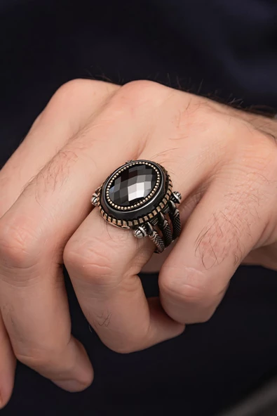 Pençe Motif Siyah Taşlı Taşlı 925 Gümüş Erkek Yüzük - Resim 3