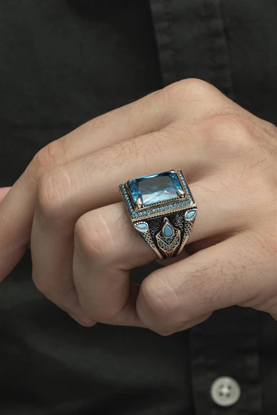 Aqua Mavisi Kare Faset Kesim Taşlı 925 Gümüş Erkek Yüzük - Resim 9