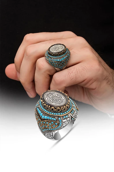 La Galibe İllallah Yazılı Mavi Taşlı 925 Gümüş Erkek Yüzük - Resim 5