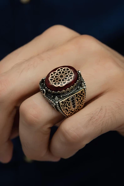 Kırmızı Taşlı Desenli 925 Gümüş Erkek Yüzük ürün görseli
