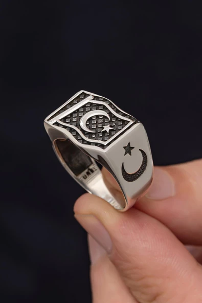 Ayyıldız Bayrak Desenli 925 Gümüş Erkek Yüzük - 3