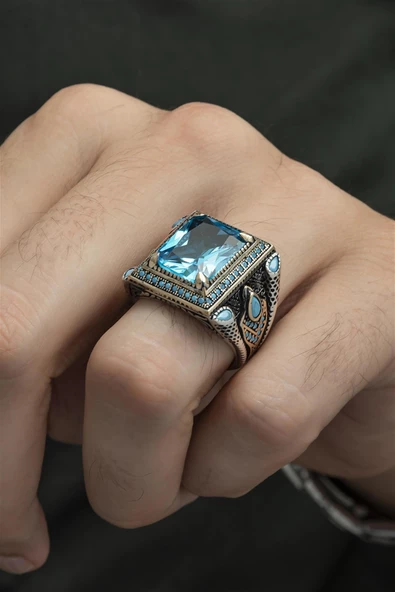 Aqua Mavisi Kare Faset Kesim Taşlı 925 Gümüş Erkek Yüzük ürün görseli