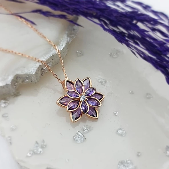 Vaoov 925 Ayar Gümüş Mor Taşlı Lotus Çiçeği Kolye - Resim 5