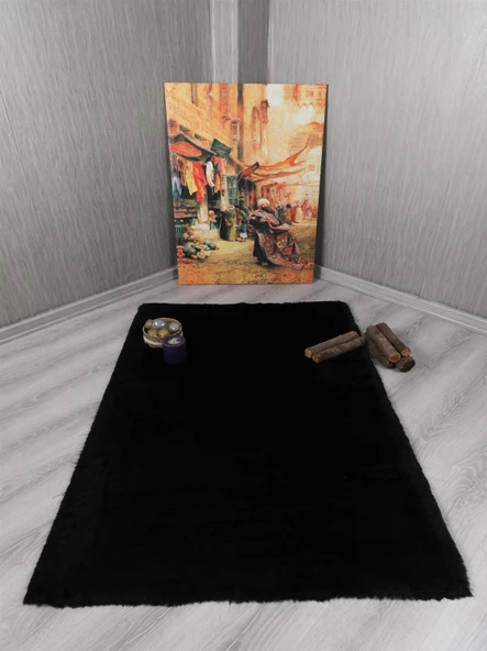 Dekoratif Tavşan Tüyü Ultra Yumuşak Peluş Kaymaz Halı Yolluk Siyah ürün görseli 1