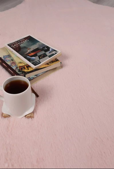 Dekoratif Tavşan Tüyü Ultra Yumuşak Peluş Kaymaz Halı Yolluk Pembe - 3