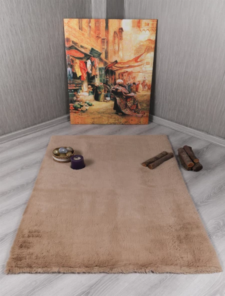 Dekoratif Tavşan Tüyü Ultra Yumuşak Peluş Kaymaz Halı Yolluk Camel