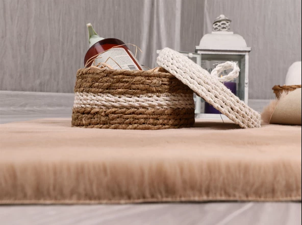 Dekoratif Tavşan Tüyü Ultra Yumuşak Peluş Kaymaz Halı Yolluk Camel - 4