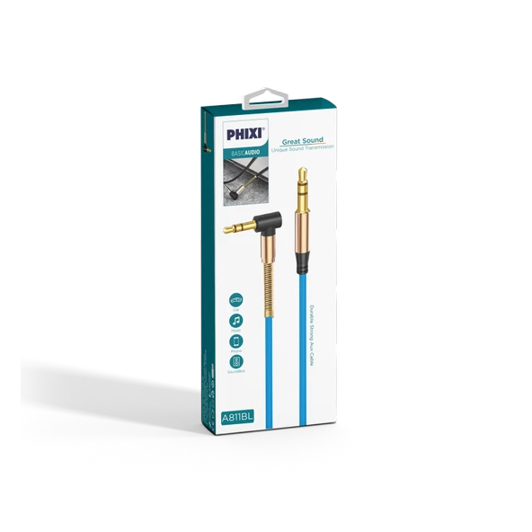 Phixi Basic A811 'L' Kesim Metal Başlıklı ve Yaylı 3.5mm Aux Kablo - 6