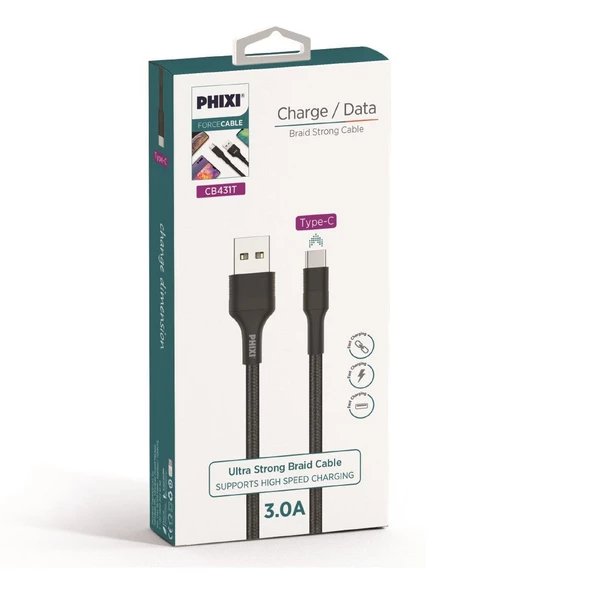 Phixi Force CB431T Hasır Örgü ve Ekstra Güçlendirilmiş Silikon Başlıklı Type-C USB Hızlı Şarj ve Data Kablo - 2