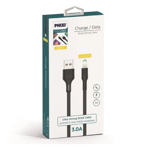 Phixi Force CB431L Hasır Örgü ve Ekstra Güçlendirilmiş Silikon Başlıklı Lightning USB Hızlı Şarj ve Data Kablo - 2