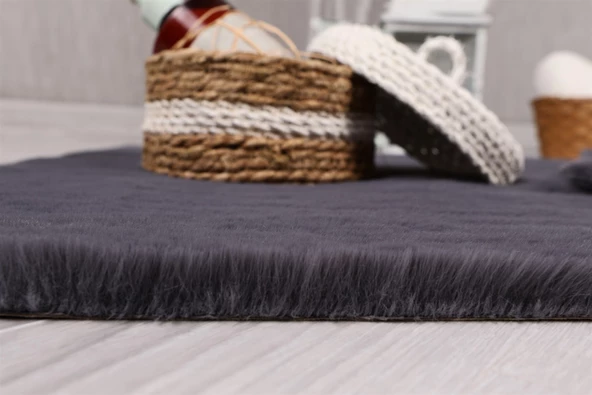 Dekoratif Tavşan Tüyü Ultra Yumuşak Peluş Kaymaz Halı Yolluk Antrasit - 4