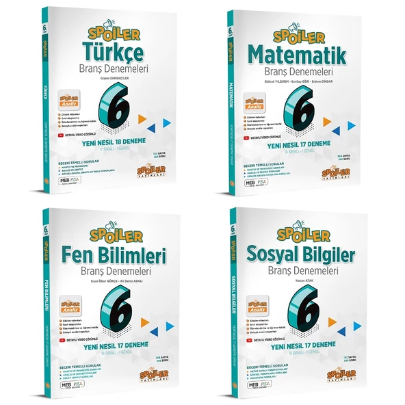 Spoiler Yayınları 6.Spoiler Türkçe - Matematik - Fen Bilimleri ve Sosyal Bilgiler Branş Deneme (4 Kitap)
