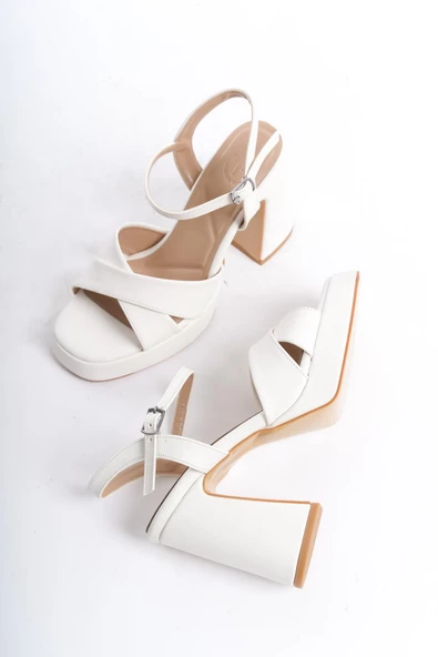 Sahra Beyaz Çapraz Bantlı Kalın Platform Topuklu Ayakkabı - Resim 2