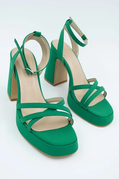 Olga Yeşil Saten Kalın Platfrom Topuklu Çapraz Bantlı Ayakkabı - Resim 4