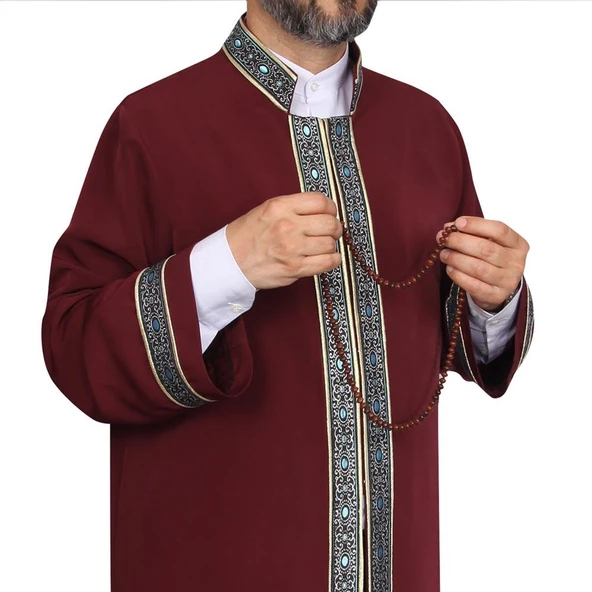 İmam Cübbesi Bordo - Biyeli Mavi Bordürlü - 6