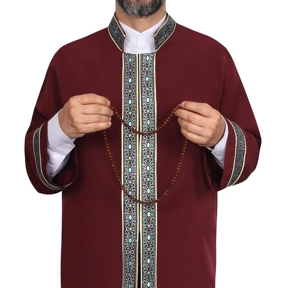 İmam Cübbesi Bordo - Biyeli Mavi Bordürlü