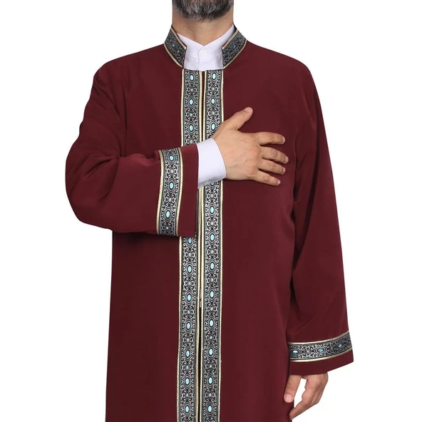 İmam Cübbesi Bordo - Biyeli Mavi Bordürlü - 4