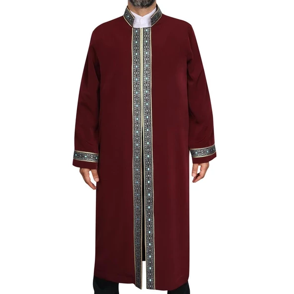 İmam Cübbesi Bordo - Biyeli Mavi Bordürlü - 8