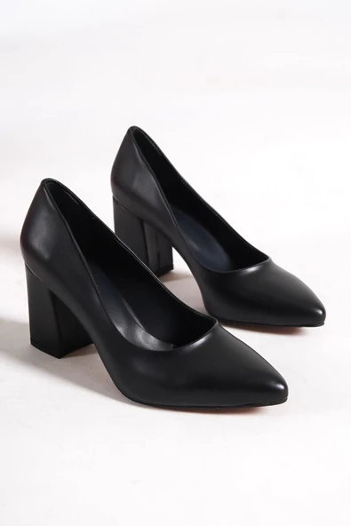 Siyah Kalın Köşeli Topuk Stiletto Kadın Ayakkabı - Erkly - 4