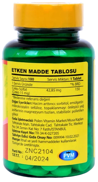 Vitapol Zinc Çinko Sülfat 15 Mg 100 Tablet - 2
