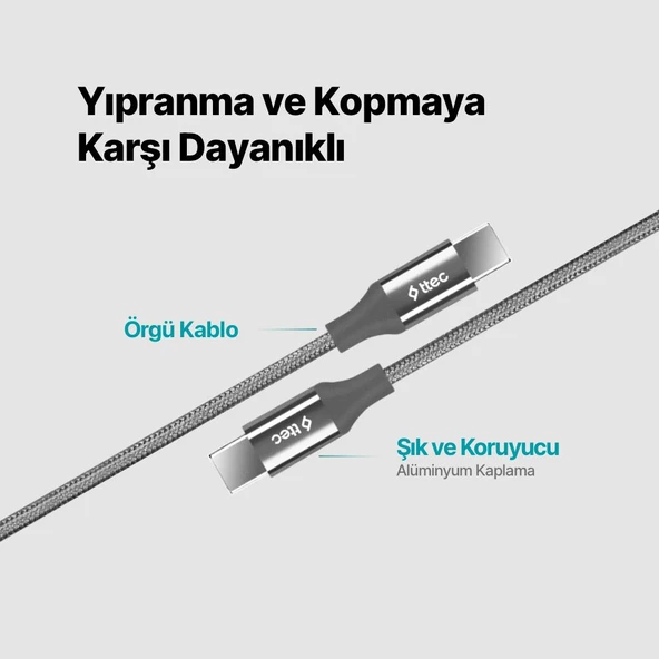 Ttec 2 Metre 65W Süper Hızlı Type C to Type C Şarj ve Data Kablosu, Kopmaz Yıpranmaz PD/QC Şarj Destekli Kablo - 4