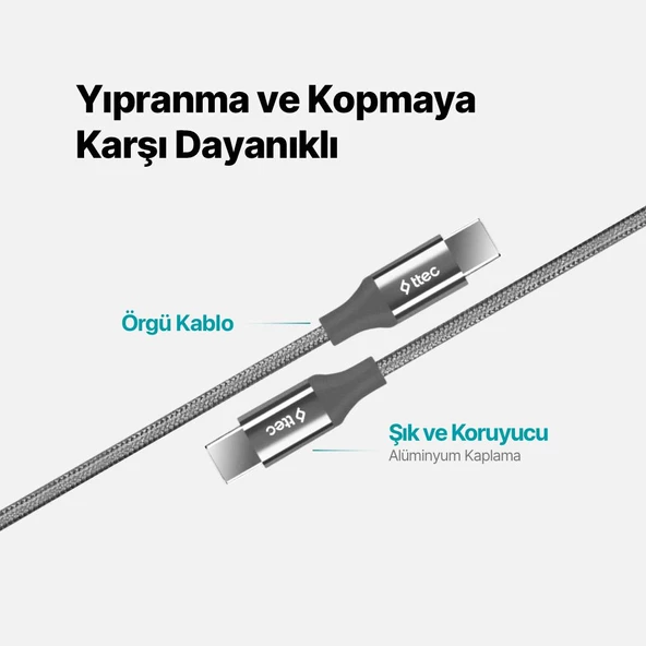Ttec 3 Metre 65W Süper Hızlı Type C to Type C Şarj ve Data Kablosu, Kopmaz Yıpranmaz PD/QC Şarj Destekli Kablo - 3