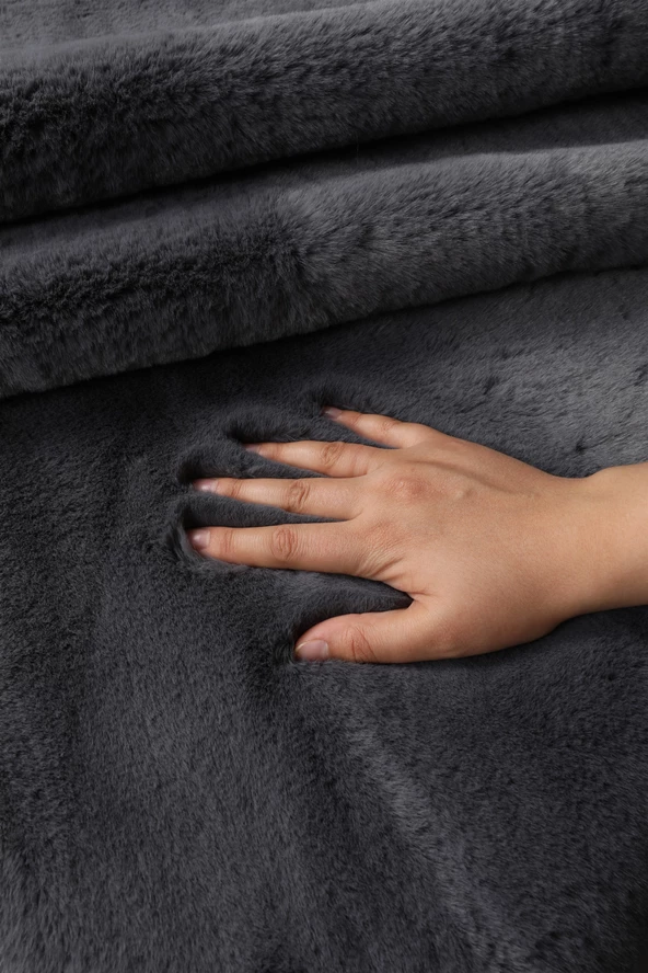 Dekoratif Tavşan Tüyü Ultra Yumuşak Peluş Yuvarlak Halı Antrasit - 3