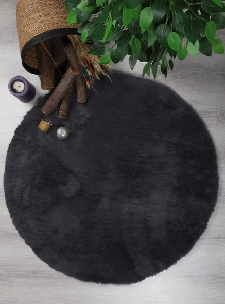 Dekoratif Tavşan Tüyü Ultra Yumuşak Peluş Yuvarlak Halı Antrasit - 2