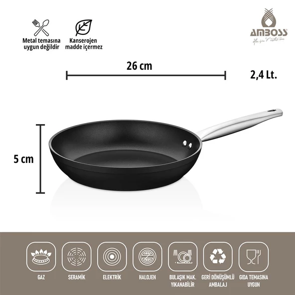 Amboss 3 Parça Dark Yanmaz Yapışmaz Titanyum Kaplama Tencere Tava Seti Kapaklı - 26 cm - 3