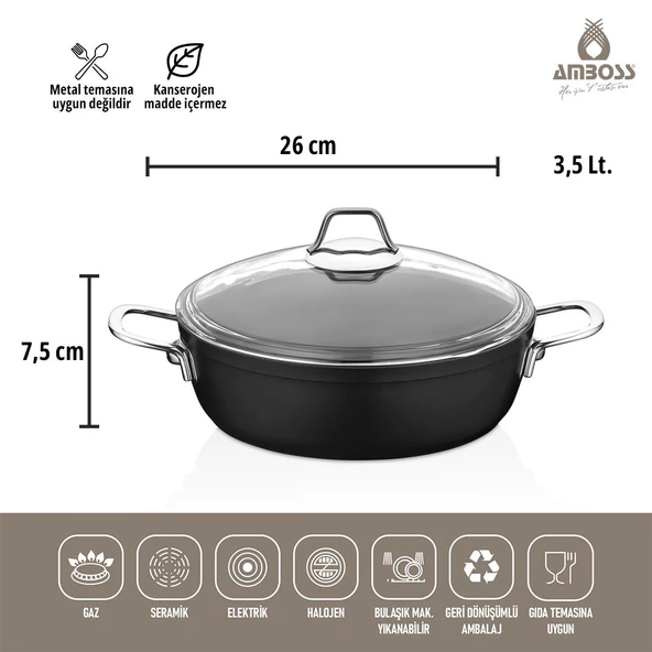 Amboss 3 Parça Dark Yanmaz Yapışmaz Titanyum Kaplama Tencere Tava Seti Kapaklı - 26 cm - 2